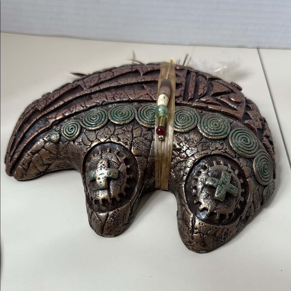 Zuni Bear Fetish Decorative Wall Hanging Bronze & Green Color Artistic Sculpture